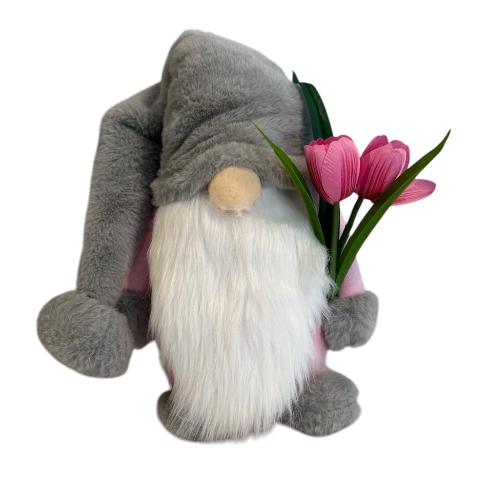 13” pink & gray plush spring gnome holding tulips weighted bottom NWT